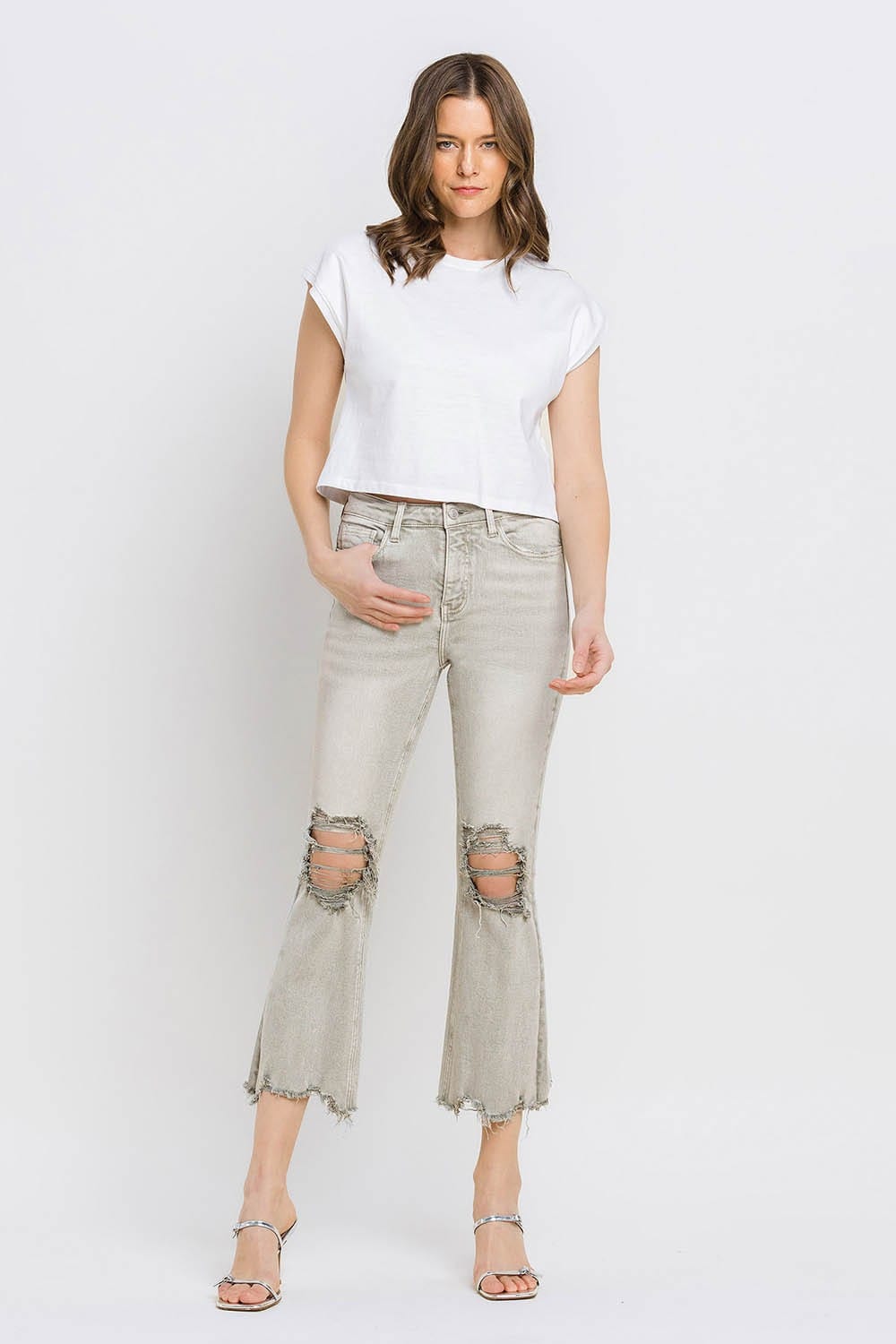 Trendsi Lovervet Distressed Raw Hem Cropped Flare Jeans Lovervet Distressed Raw Hem Cropped Flare Jeans