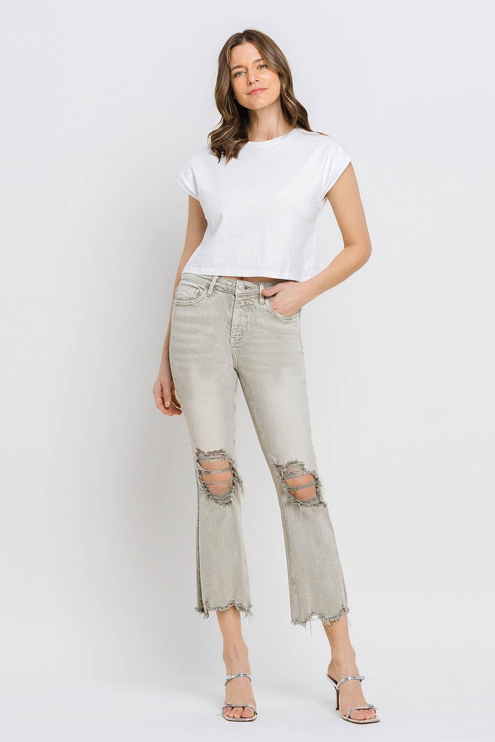Trendsi Lovervet Distressed Raw Hem Cropped Flare Jeans Lovervet Distressed Raw Hem Cropped Flare Jeans