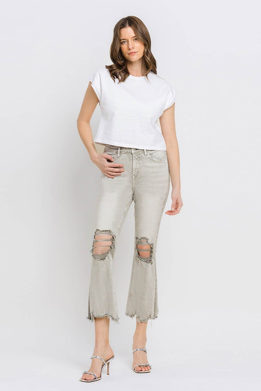 Trendsi Lovervet Distressed Raw Hem Cropped Flare Jeans Lovervet Distressed Raw Hem Cropped Flare Jeans