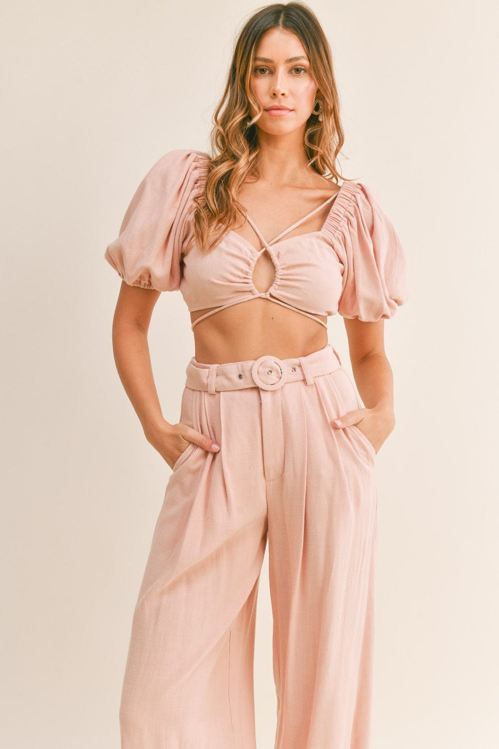 Trendsi MABLE Cut Out Drawstring Crop Top and Belted Pants Set MABLE Cut Out Drawstring Crop Top and Belted Pants Set