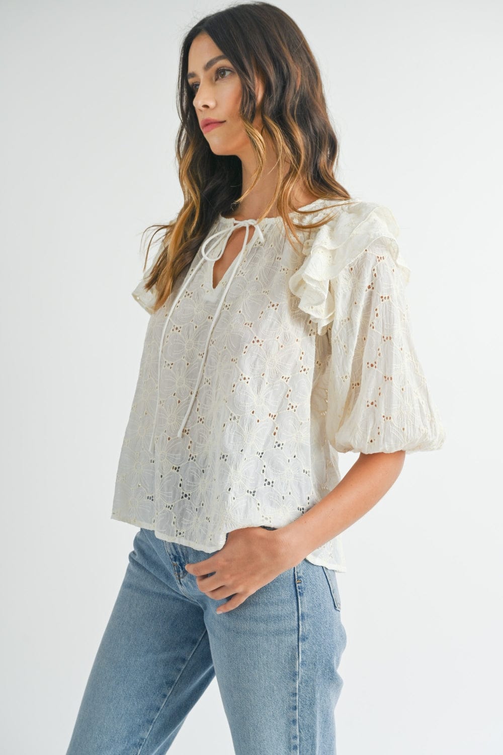 Trendsi MABLE Eyelet Lace Ruffle Shoulder Puff Sleeve Blouse MABLE Eyelet Lace Ruffle Shoulder Puff Sleeve Blouse
