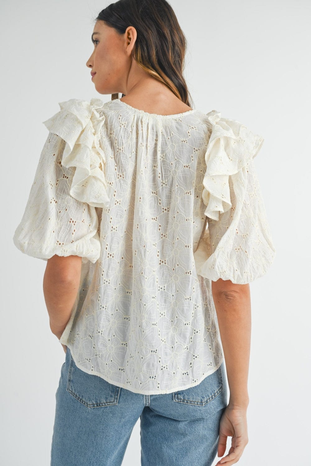 Trendsi MABLE Eyelet Lace Ruffle Shoulder Puff Sleeve Blouse MABLE Eyelet Lace Ruffle Shoulder Puff Sleeve Blouse