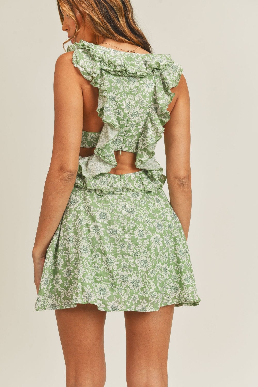 Trendsi MABLE Floral Side Cutout Ruffled Mini Dress MABLE Floral Side Cutout Ruffled Mini Dress