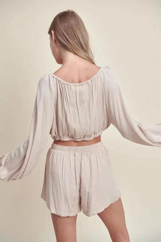 Trendsi MABLE Gauze Long Sleeve Button Crop Top and Short Set MABLE Gauze Long Sleeve Button Crop Top and Short Set