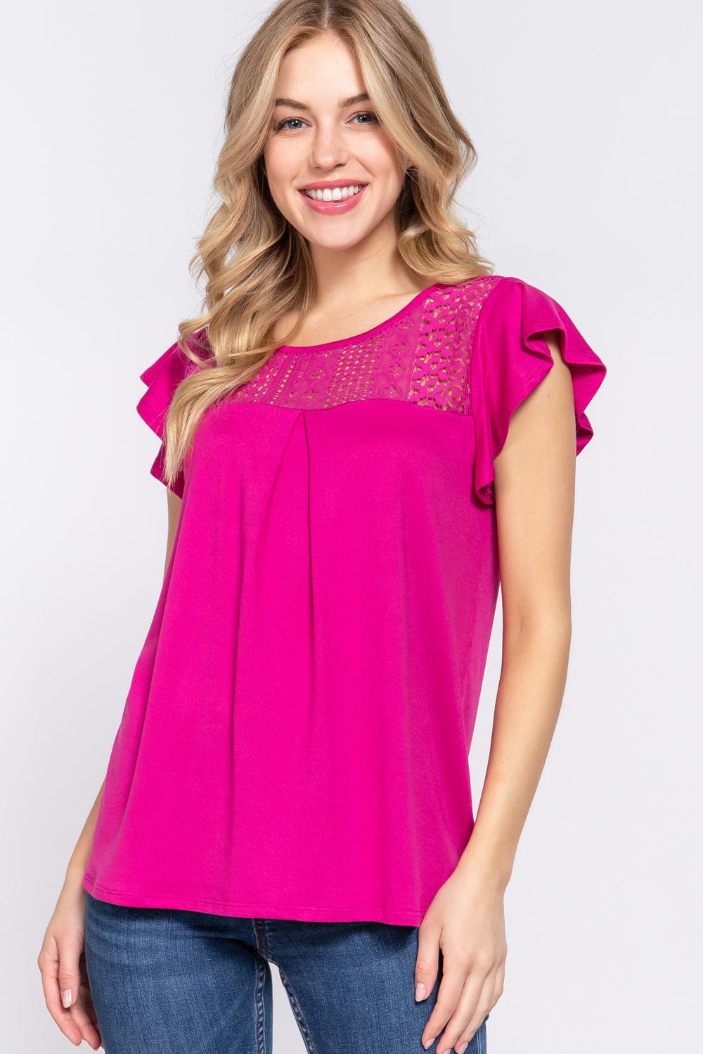 Trendsi MAGENTA / S ACTIVE BASIC Ruffle Short Sleeve Lace Detail Knit Top ACTIVE BASIC Ruffle Short Sleeve Lace Detail Knit Top