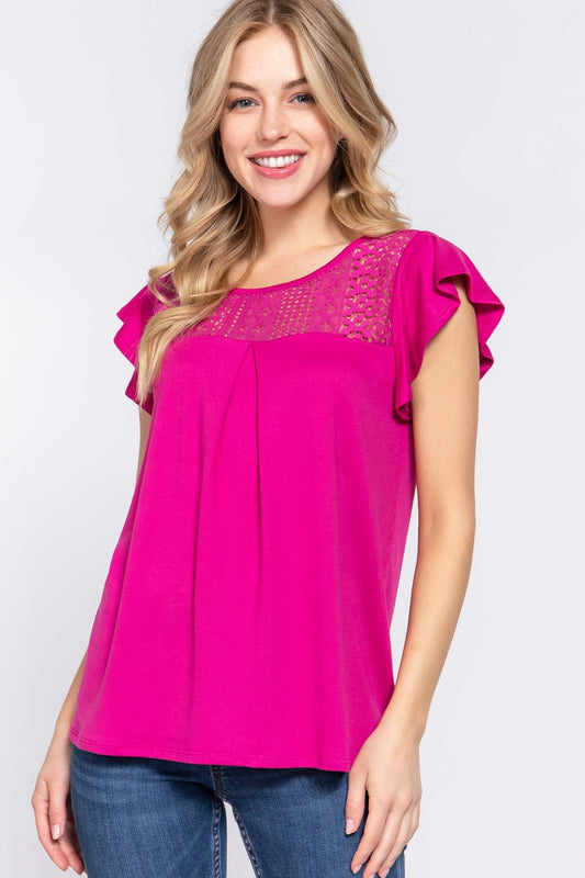 Trendsi MAGENTA / S ACTIVE BASIC Ruffle Short Sleeve Lace Detail Knit Top ACTIVE BASIC Ruffle Short Sleeve Lace Detail Knit Top