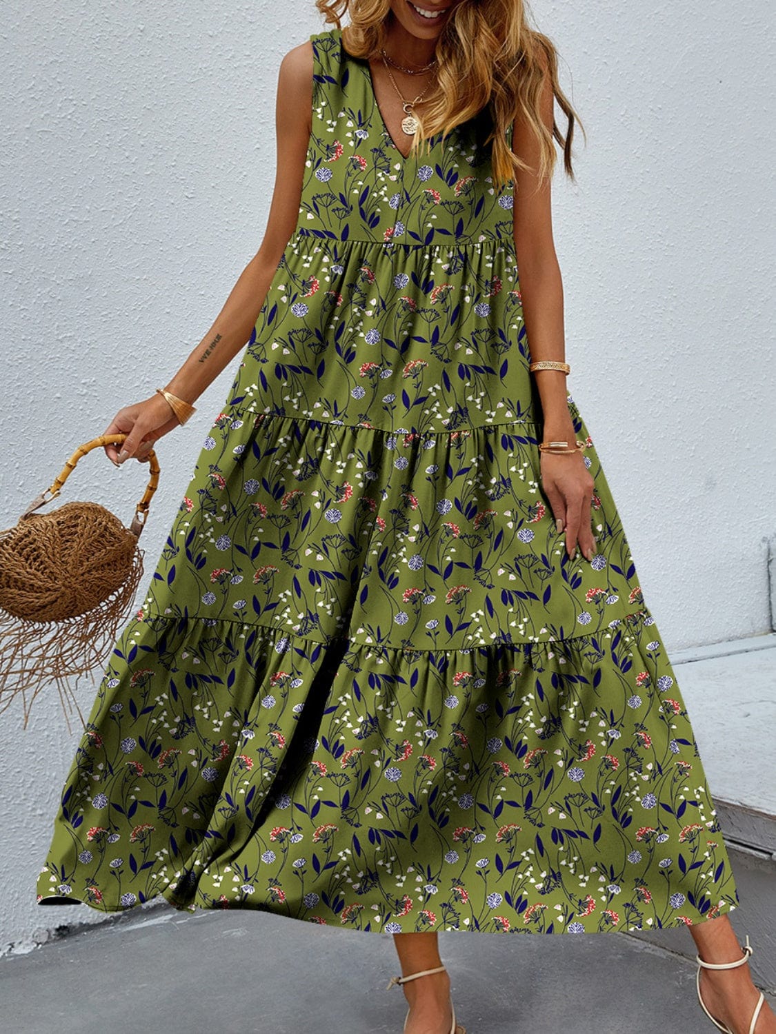 Trendsi Matcha Green / S Tiered Printed V-Neck Sleeveless Dress Tiered Printed V-Neck Sleeveless Dress