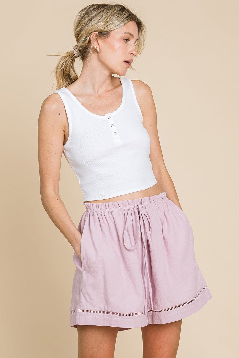 Trendsi Mauve / S Cotton Bleu by Nu Lab High Waist Drawstring Shorts Cotton Bleu by Nu Lab High Waist Drawstring Shorts