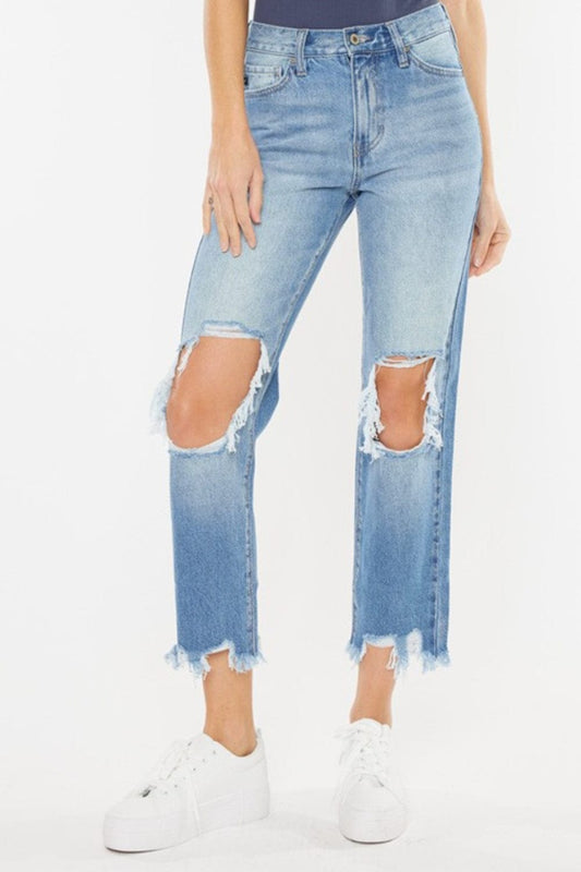 Trendsi Medium / 0(23) Kancan High Waist Chewed Up Straight Mom Jeans Kancan High Waist Chewed Up Straight Mom Jeans