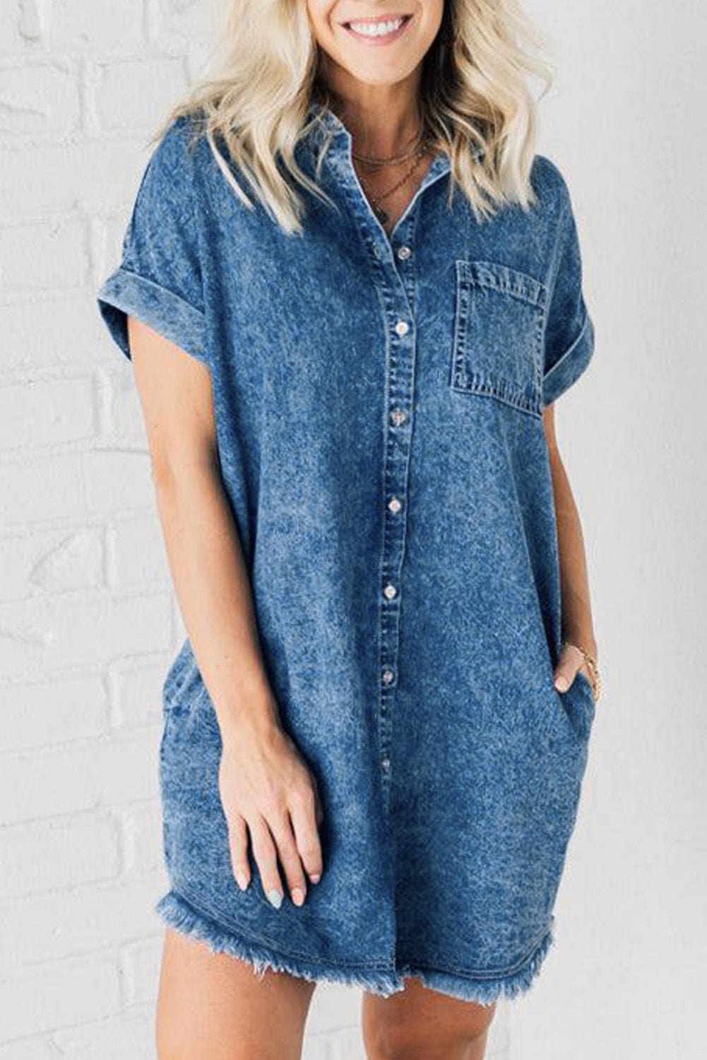 Trendsi Medium / S Raw Hem Pocketed Cap Sleeve Denim Dress Raw Hem Pocketed Cap Sleeve Denim Dress