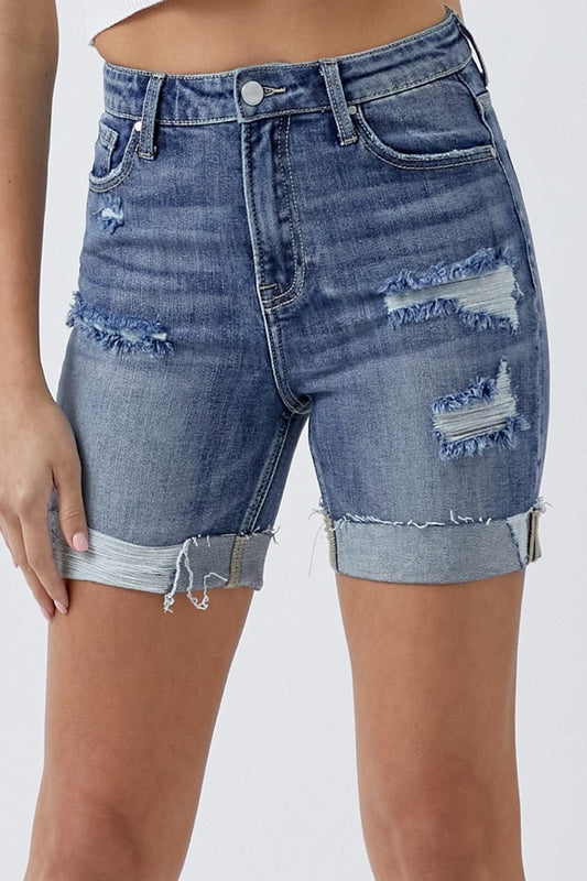 Trendsi Medium / S RISEN Full Size Distressed Rolled Denim Shorts with Pockets RISEN Full Size Distressed Rolled Denim Shorts with Pockets