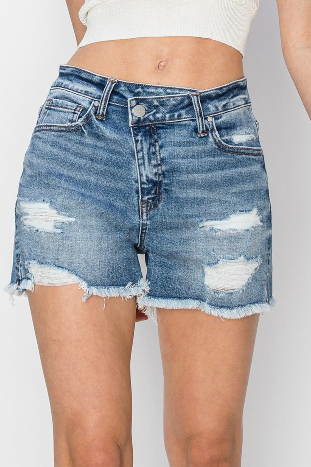 Trendsi MEDIUM / S RISEN Stepped Waist Frayed Denim Shorts RISEN Stepped Waist Frayed Denim Shorts