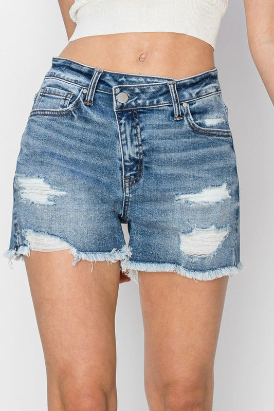 Trendsi MEDIUM / S RISEN Stepped Waist Frayed Denim Shorts RISEN Stepped Waist Frayed Denim Shorts