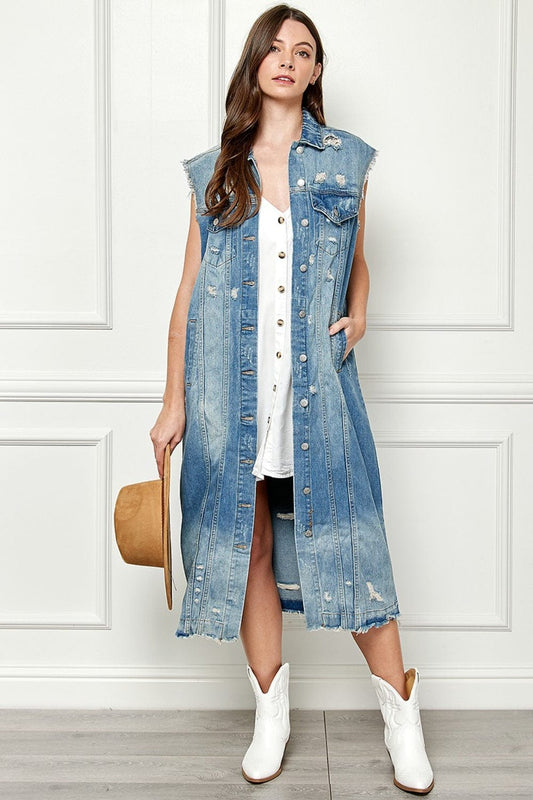 Trendsi MEDWASH / S Veveret Full Size Distressed Sleeveless Longline Denim Jacket Veveret Full Size Distressed Sleeveless Longline Denim Jacket