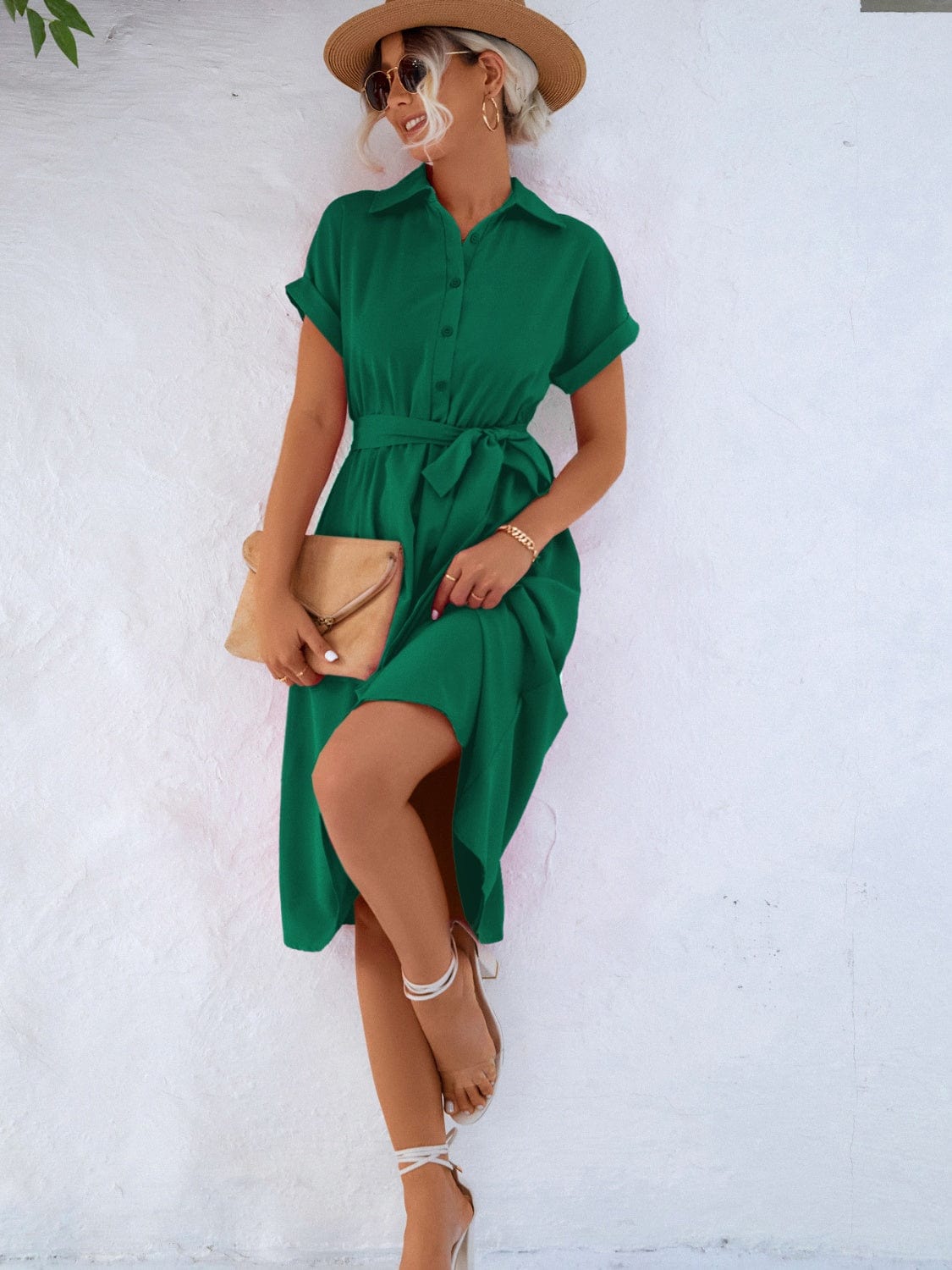 Trendsi Mid Green / S Buttoned Tie Waist Short Sleeve Dress Buttoned Tie Waist Short Sleeve Dress