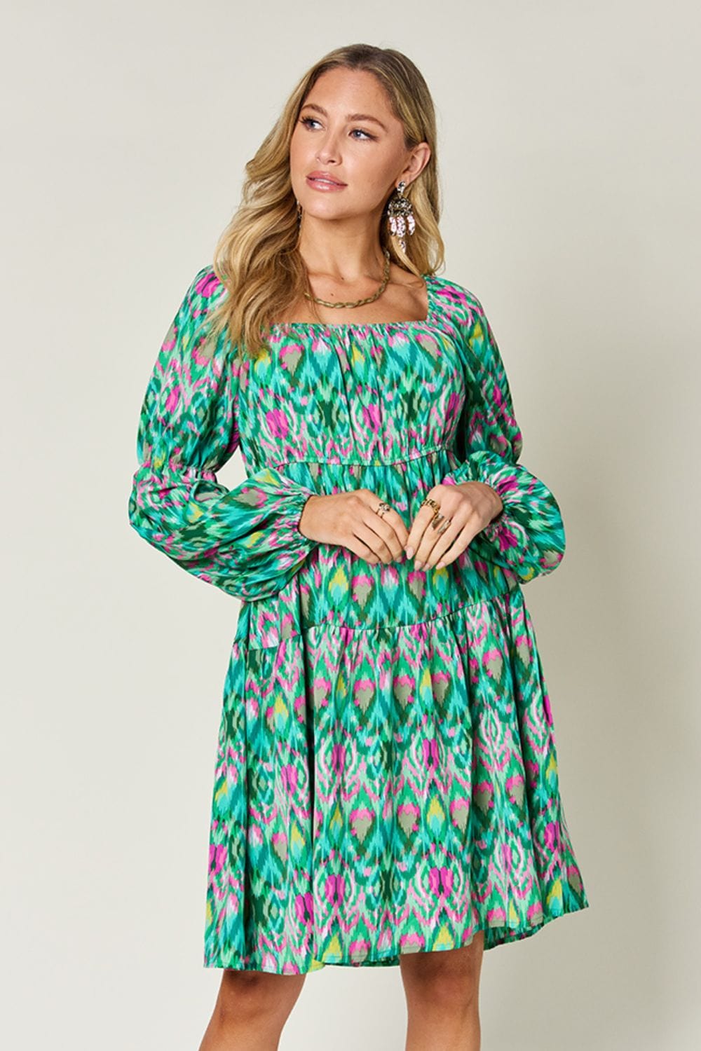 Trendsi Mid Green / S Double Take Full Size Printed Long Sleeve Dress Double Take Full Size Printed Long Sleeve Dress