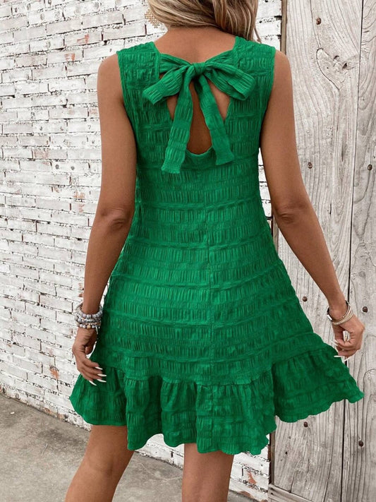 Trendsi Mid Green / S Textured Tied Round Neck Sleeveless Dress Textured Tied Round Neck Sleeveless Dress