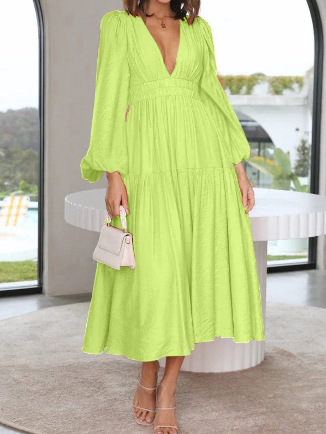 Trendsi Mint Green / S Deep V-Neck Balloon Sleeve Plain Maxi Dress Deep V-Neck Balloon Sleeve Plain Maxi Dress