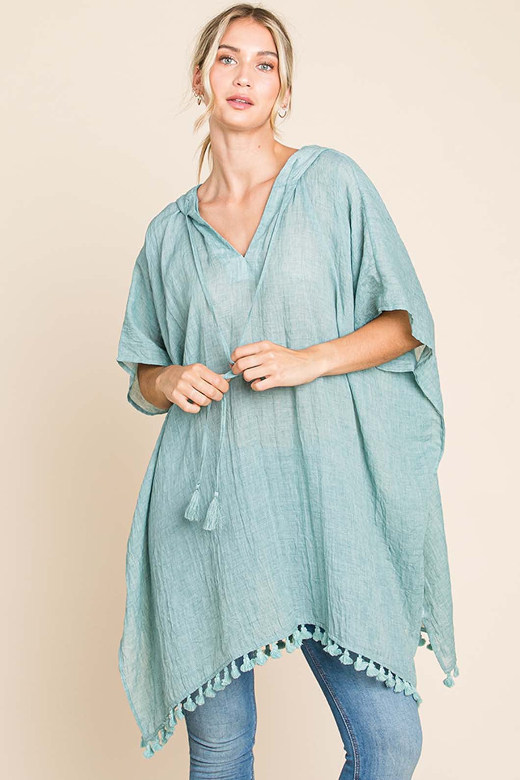 Trendsi Mint / S Cotton Bleu by Nu Label Tassel Hem Hooded Cover Up Cotton Bleu by Nu Label Tassel Hem Hooded Cover Up