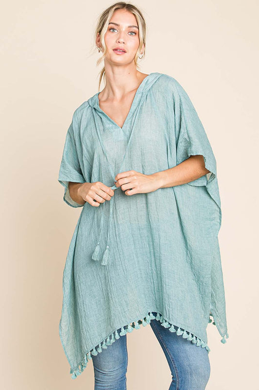 Trendsi Mint / S Cotton Bleu by Nu Label Tassel Hem Hooded Cover Up Cotton Bleu by Nu Label Tassel Hem Hooded Cover Up