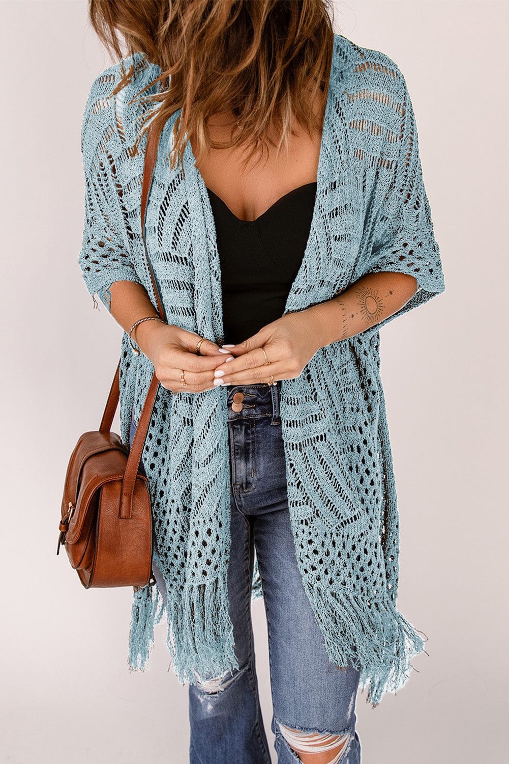 Trendsi Misty  Blue / One Size Openwork Open Front Cardigan with Fringes Openwork Open Front Cardigan with Fringes