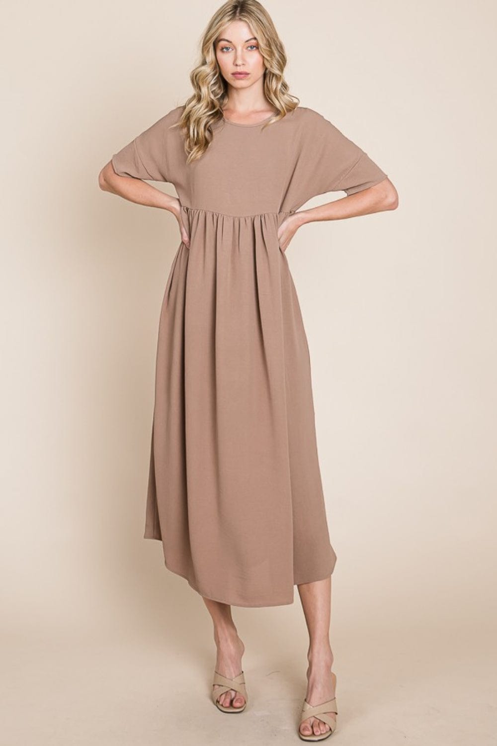 Trendsi Mocha / S BOMBOM Round Neck Ruched Midi Dress BOMBOM Round Neck Ruched Midi Dress