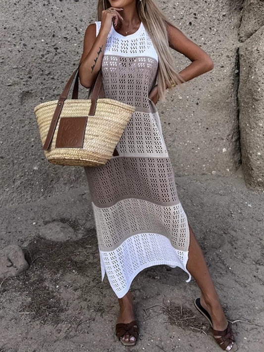 Trendsi Mocha / S Slit Color Block Wide Strap Cover Up Slit Color Block Wide Strap Cover Up