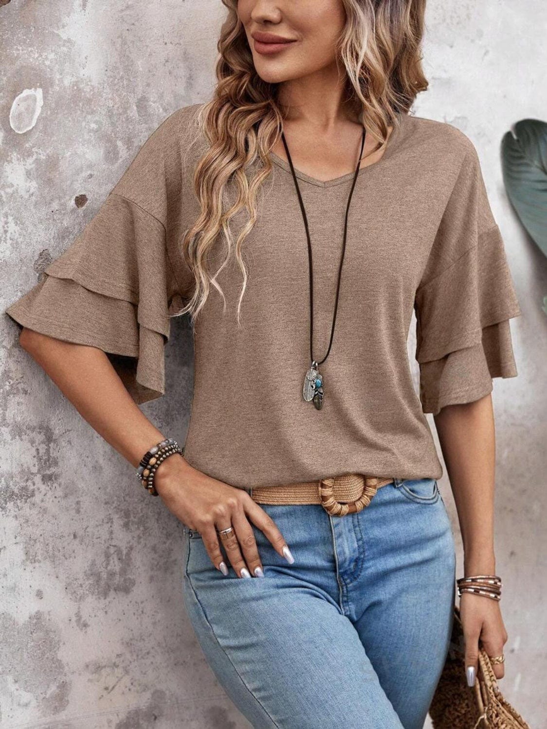 Trendsi Mocha / S V-Neck Half Sleeve Blouse V-Neck Half Sleeve Blouse
