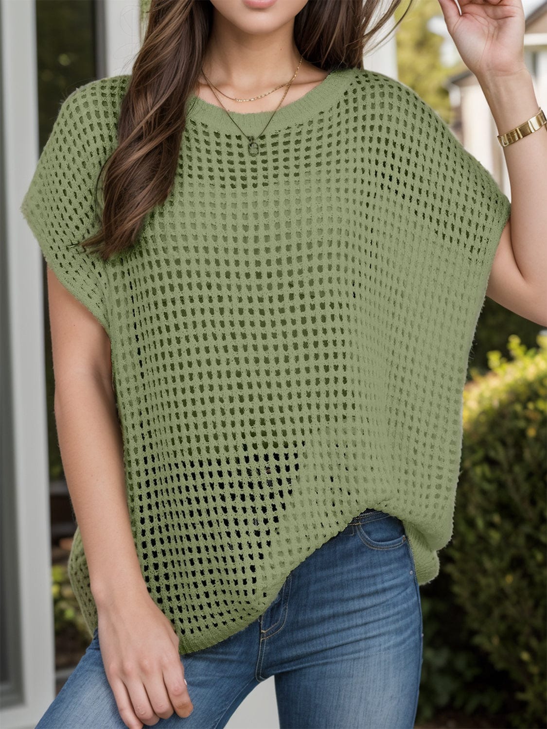 Trendsi Moss / S Openwork Round Neck Short Sleeve Cover-Up Openwork Round Neck Short Sleeve Cover-Up