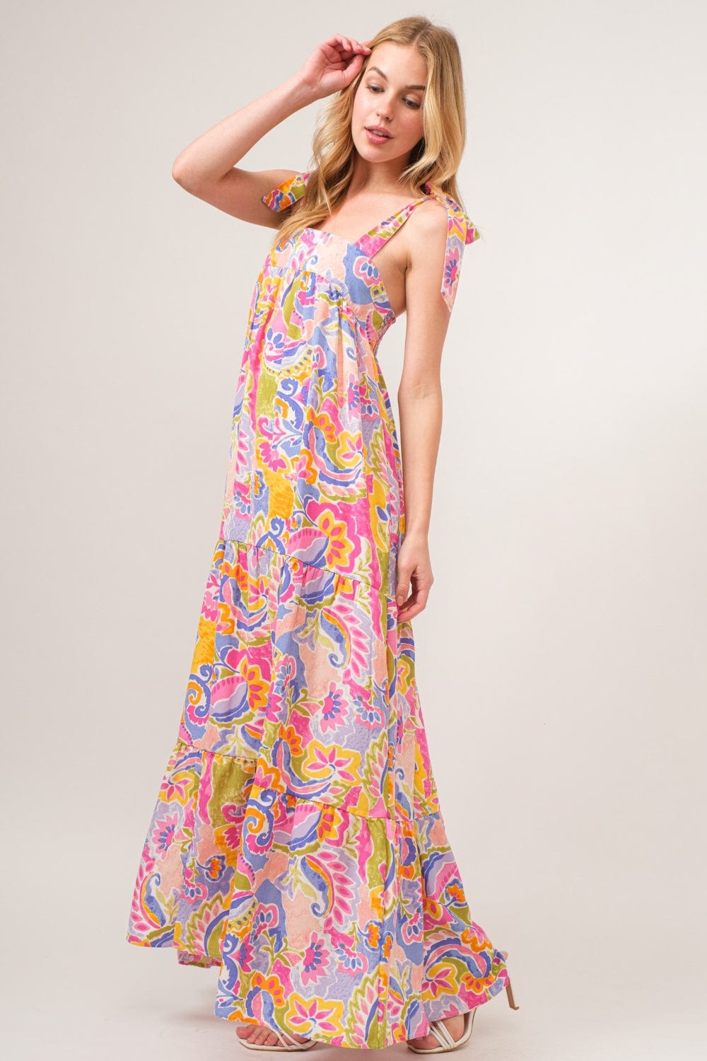 Trendsi Multicolor / S And The Why Full Size Printed Tie Shoulder Tiered Maxi Dress And The Why Full Size Printed Tie Shoulder Tiered Maxi Dress