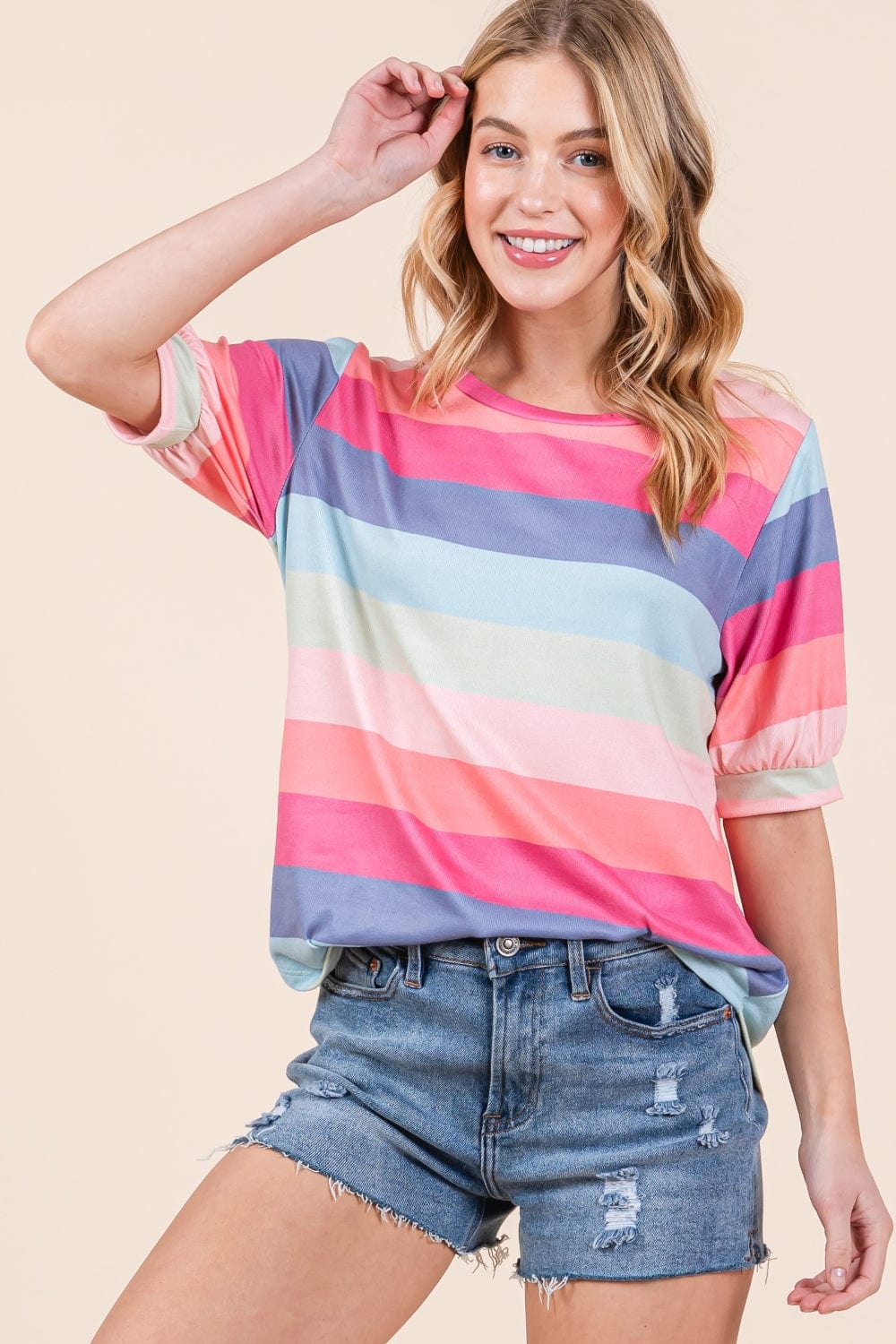 Trendsi Multicolor / S BOMBOM Striped Round Neck Half Sleeve T-Shirt BOMBOM Striped Round Neck Half Sleeve T-Shirt