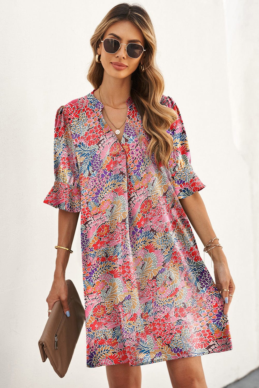 Trendsi Multicolor / S Floral Notched Neck Flounce Sleeve Shift Dress Floral Notched Neck Flounce Sleeve Shift Dress