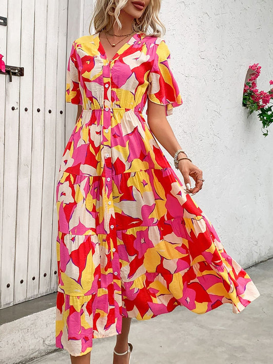 Trendsi Multicolor / S Printed V-Neck Flutter Sleeve Midi Dress Printed V-Neck Flutter Sleeve Midi Dress