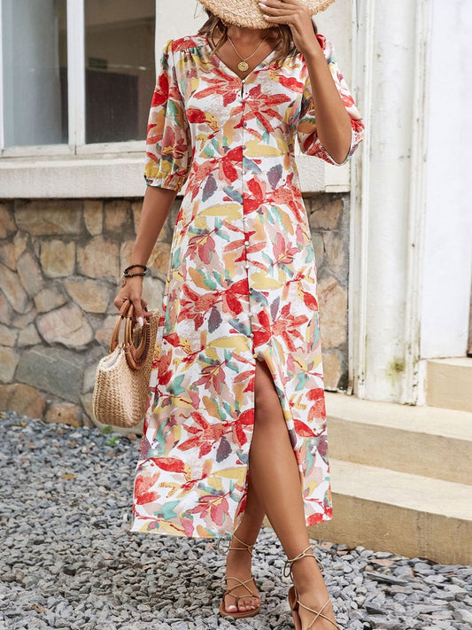 Trendsi Multicolor / S Printed V-Neck Half Sleeve Midi Dress Printed V-Neck Half Sleeve Midi Dress