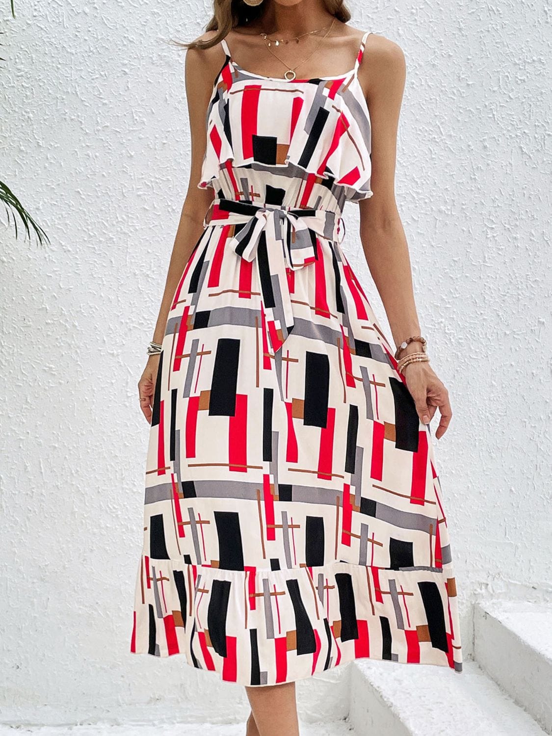 Trendsi Multicolor / S Ruffled Printed Tie Waist Midi Dress Ruffled Printed Tie Waist Midi Dress