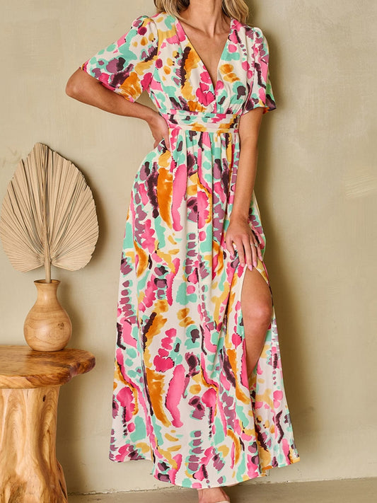 Trendsi Multicolor / S Slit Printed Surplice Short Sleeve Maxi Dress Slit Printed Surplice Short Sleeve Maxi Dress