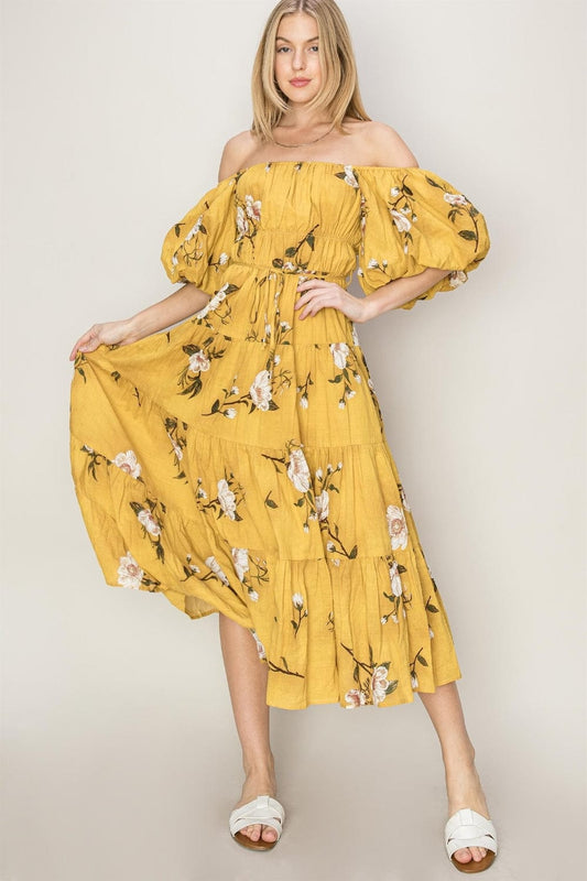Trendsi MUSTARD / S HYFVE Floral Puff Sleeve Tiered Dress HYFVE Floral Puff Sleeve Tiered Dress