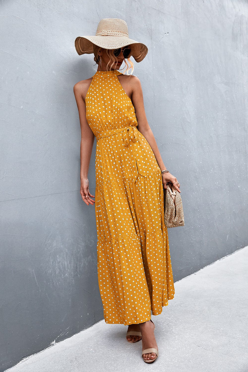 Trendsi Mustard / S Printed Sleeveless Tie Waist Maxi Dress Printed Sleeveless Tie Waist Maxi Dress