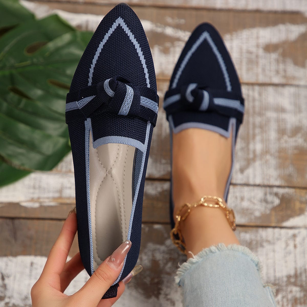 Trendsi Navy / 36(US5) Bow Contrast Trim Point Toe Loafers Bow Contrast Trim Point Toe Loafers