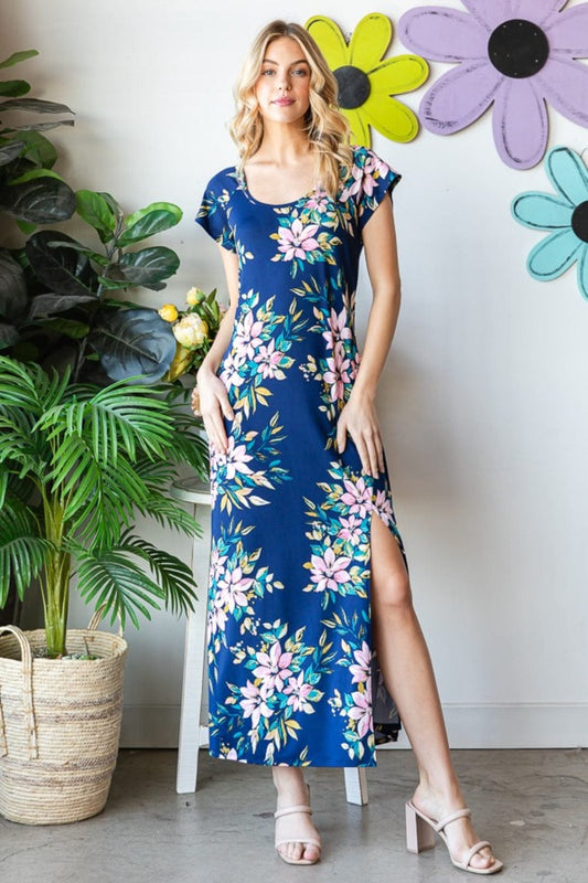 Trendsi Navy Multi / S Heimish Full Size Floral Short Sleeve Slit Dress Heimish Full Size Floral Short Sleeve Slit Dress