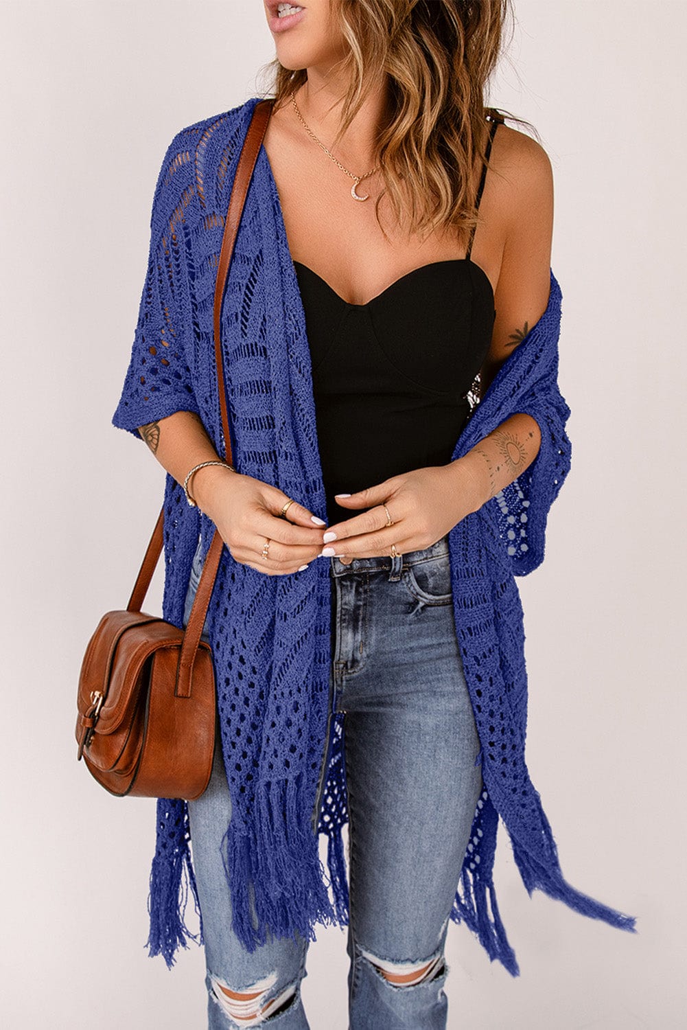 Trendsi Navy / One Size Openwork Open Front Cardigan with Fringes Openwork Open Front Cardigan with Fringes
