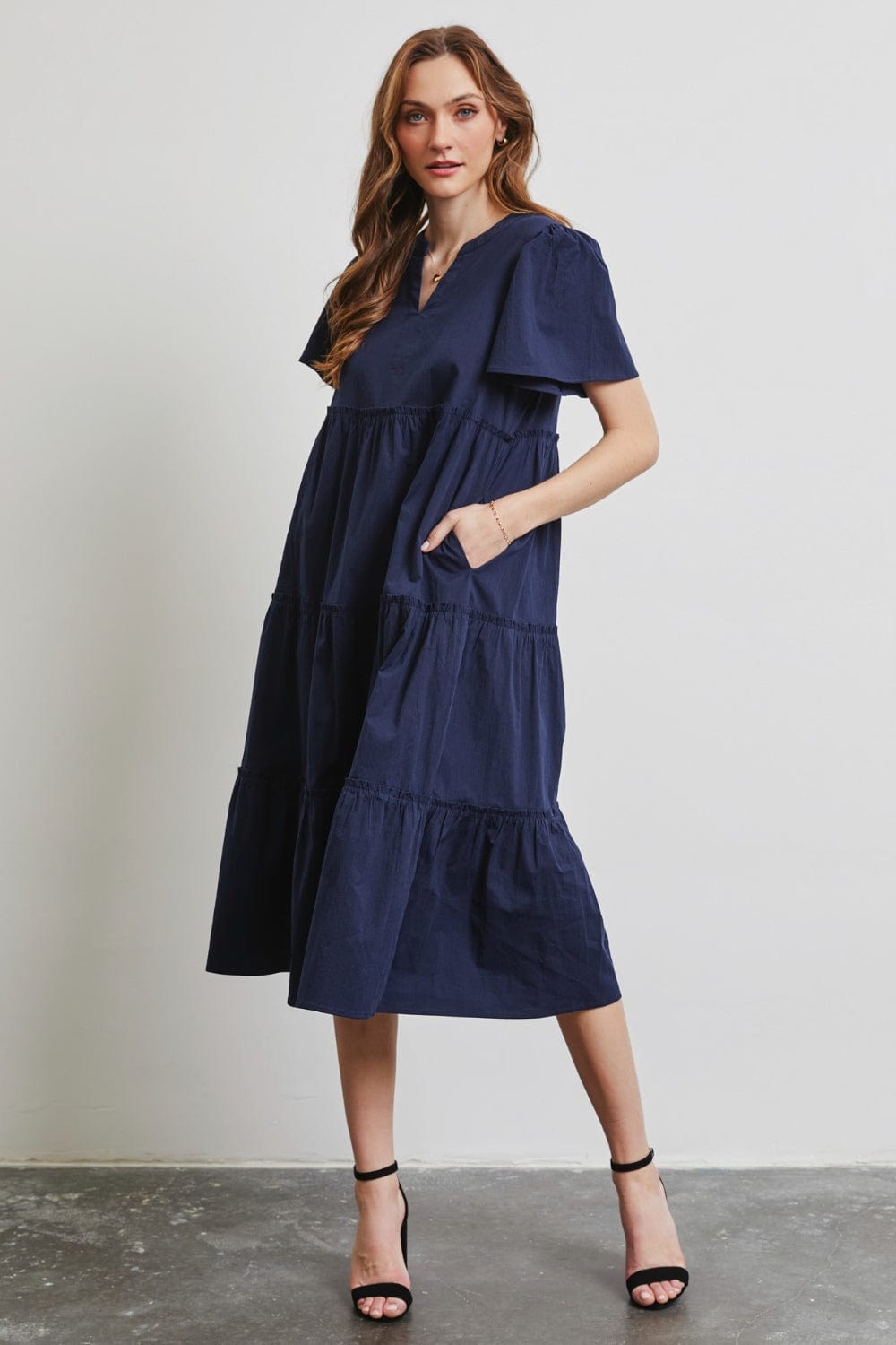 Trendsi Navy / S HEYSON Full Size Cotton Poplin Ruffled Tiered Midi Dress HEYSON Full Size Cotton Poplin Ruffled Tiered Midi Dress