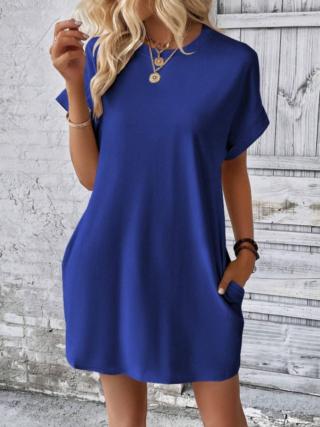 Trendsi Navy / S Pocketed Round Neck Short Sleeve Dress Pocketed Round Neck Short Sleeve Dress