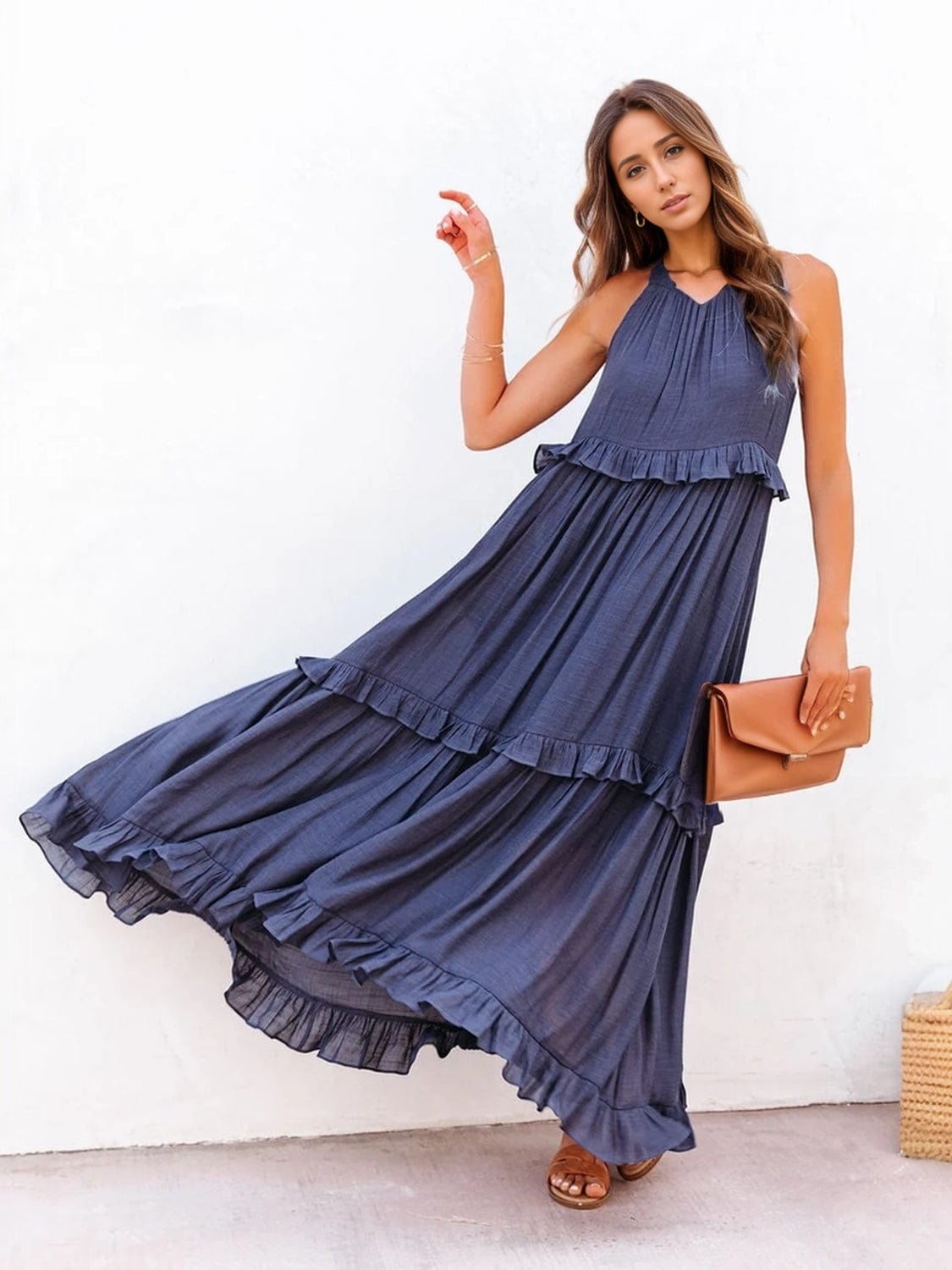 Trendsi Navy / S Ruffled Sleeveless Tiered Maxi Dress with Pockets Ruffled Sleeveless Tiered Maxi Dress with Pockets