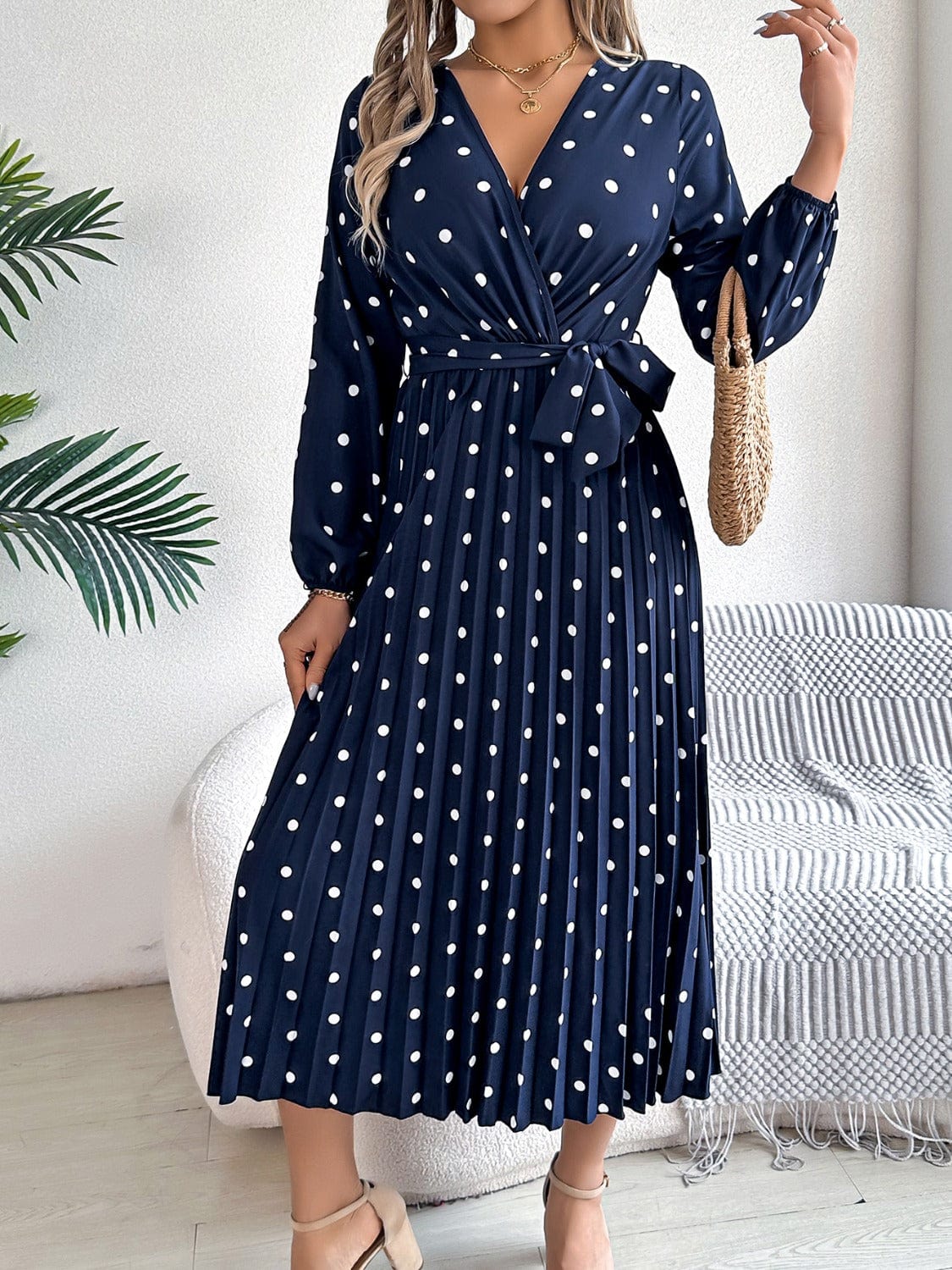 Trendsi Navy / S Tied Polka Dot Long Sleeve Midi Dress Tied Polka Dot Long Sleeve Midi Dress