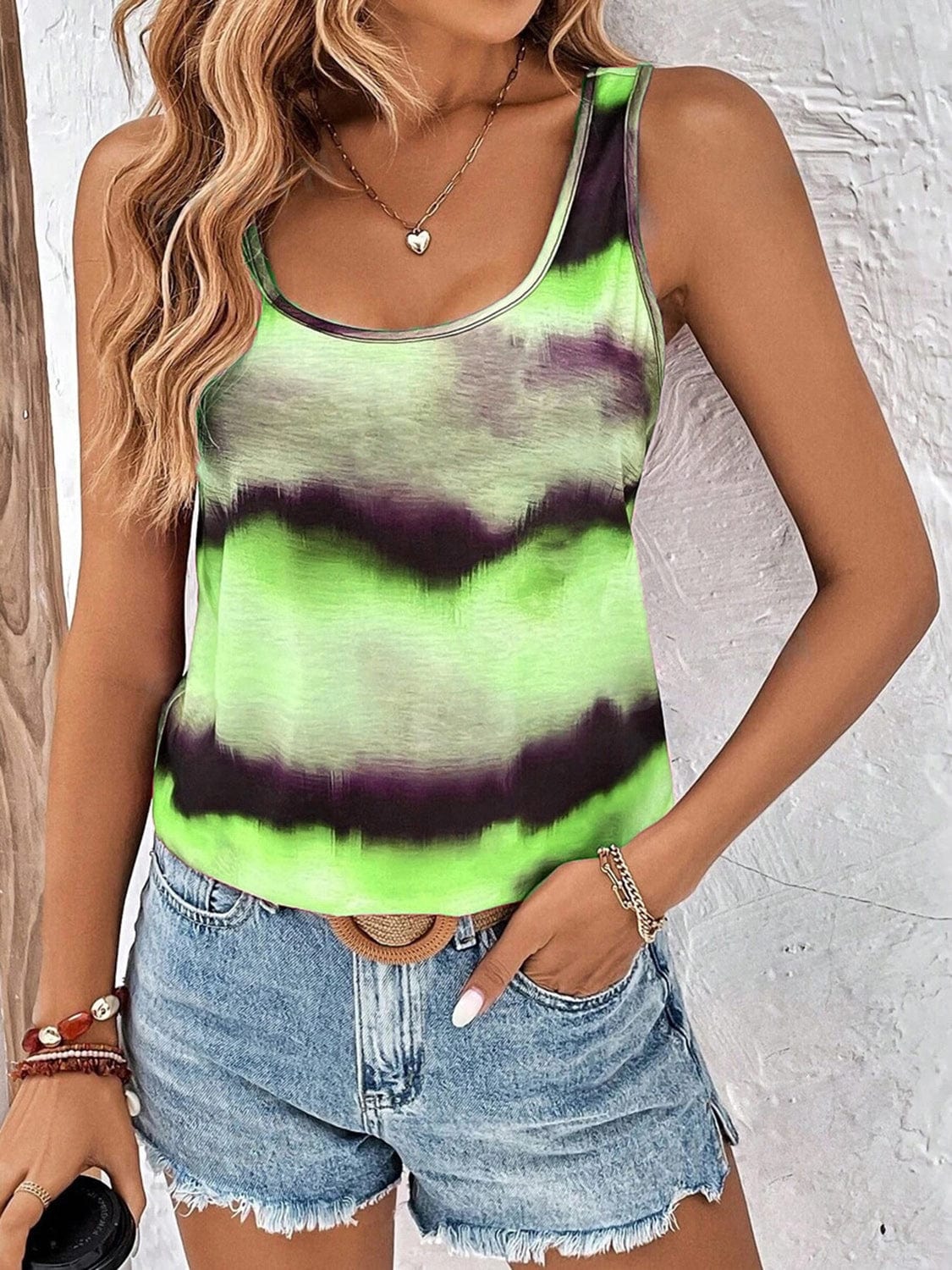 Trendsi Neon Green / S Tie-Dye Scoop Neck Wide Strap Tank Tie-Dye Scoop Neck Wide Strap Tank