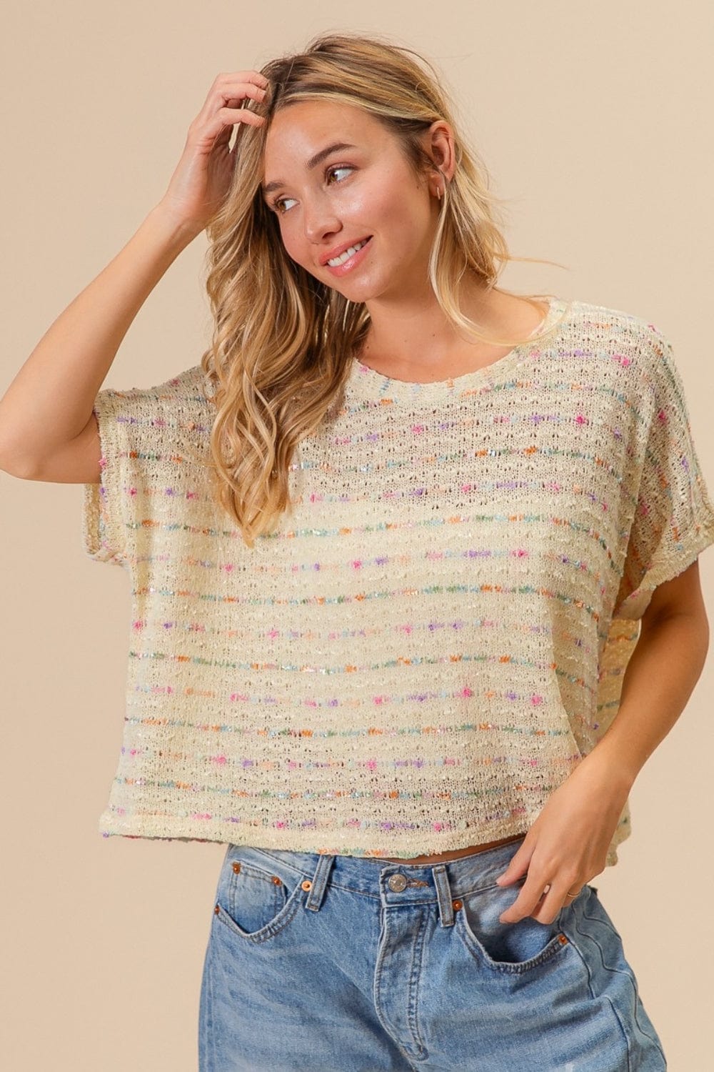 Trendsi Oatmeal Multi / S BiBi Striped Popcorn Knit Top BiBi Striped Popcorn Knit Top