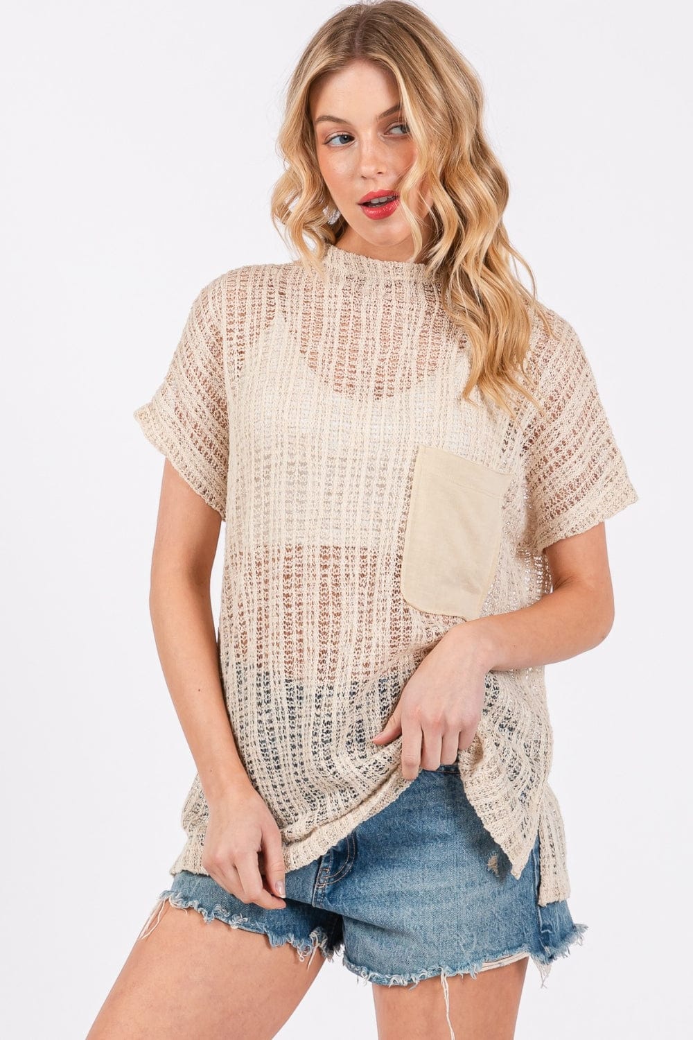 Trendsi Oatmeal / S Ces Femme See Through Crochet Mock Neck Cover Up Ces Femme See Through Crochet Mock Neck Cover Up