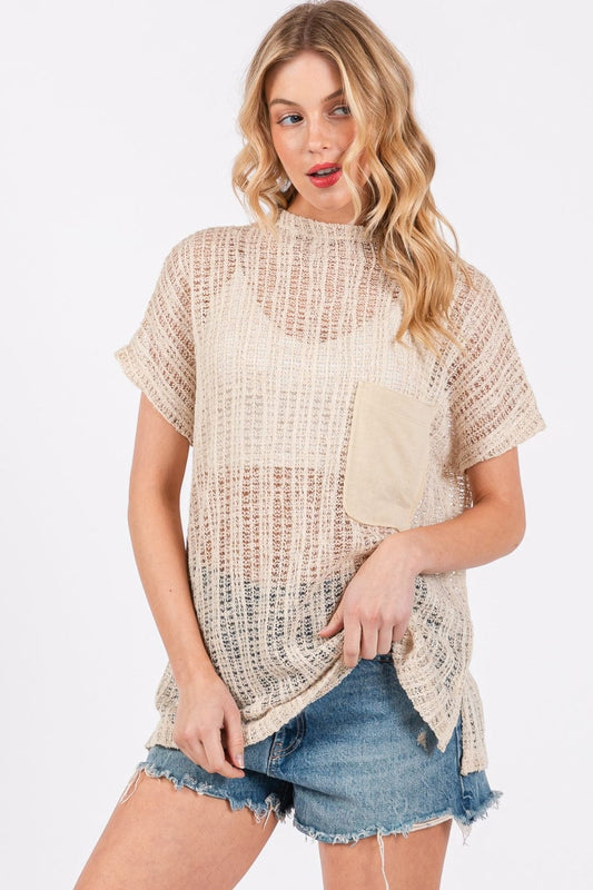 Trendsi Oatmeal / S Ces Femme See Through Crochet Mock Neck Cover Up Ces Femme See Through Crochet Mock Neck Cover Up