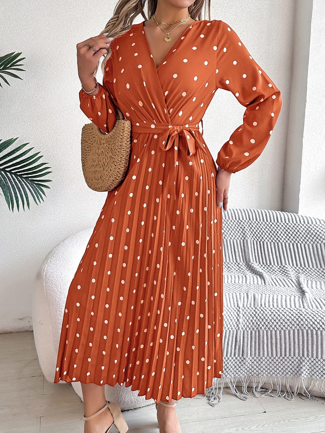 Trendsi Ochre / S Tied Polka Dot Long Sleeve Midi Dress Tied Polka Dot Long Sleeve Midi Dress